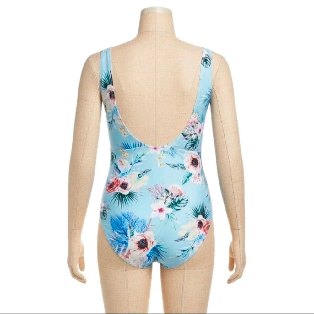 LYSA 2X (22W/24W) Nadia Blue Floral V-neck Swimsuit Open Back Tummy Smoothing